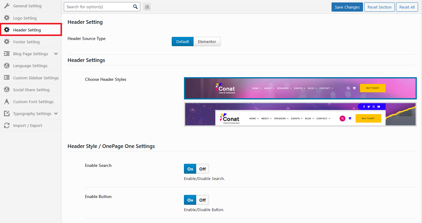 CONAT Options - Header Admin